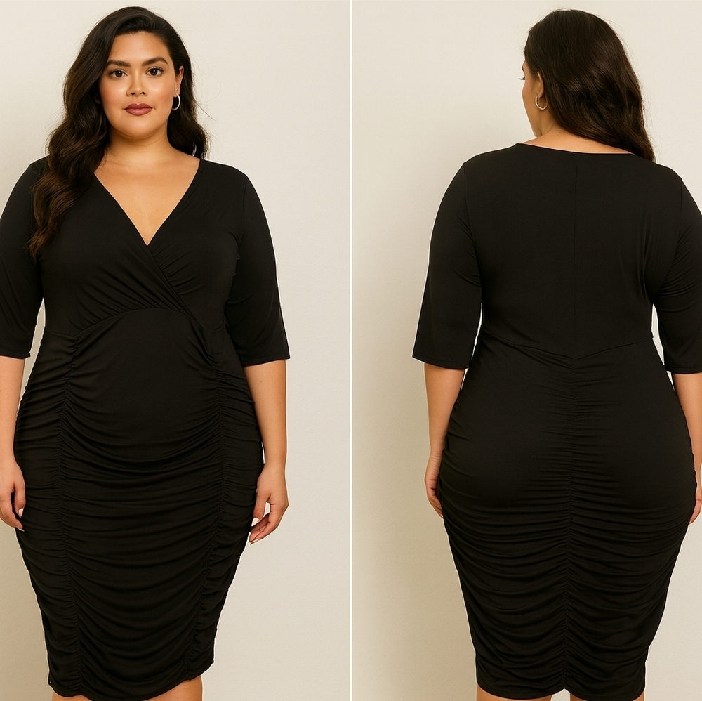 🖤 Classic Black Ruched Midi Dress Elbow Sleeve Size 1X Stretch Cocktail Formal - Picture 1 of 7